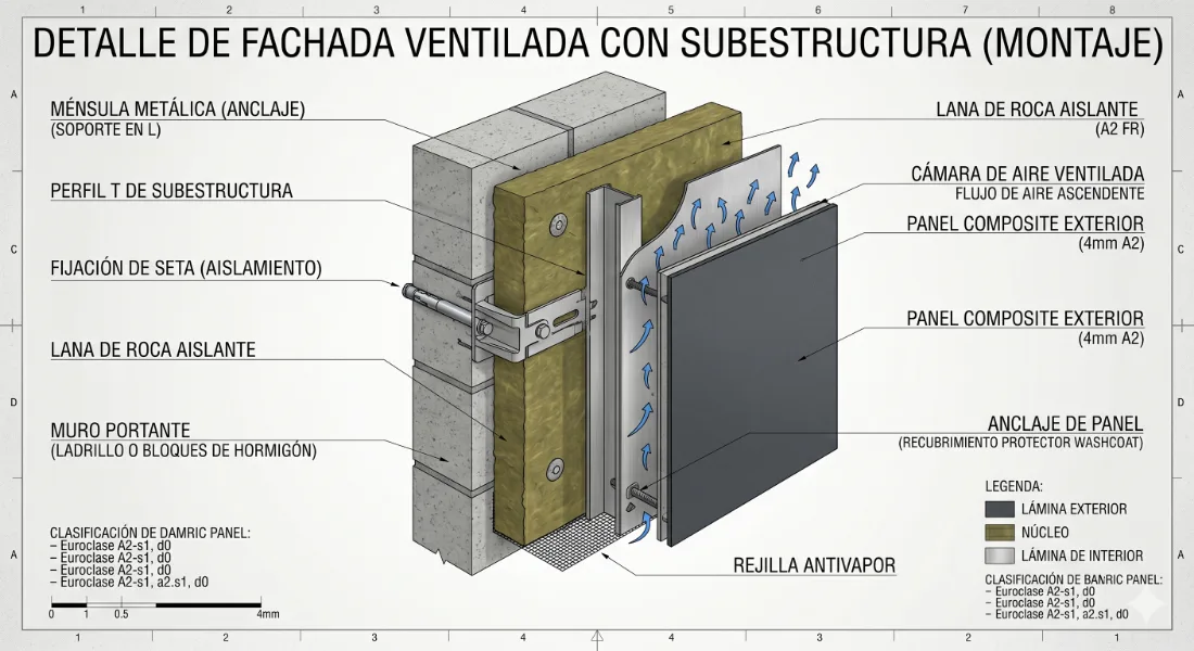 Detalle de fachada ventilada con subestructura de montaje