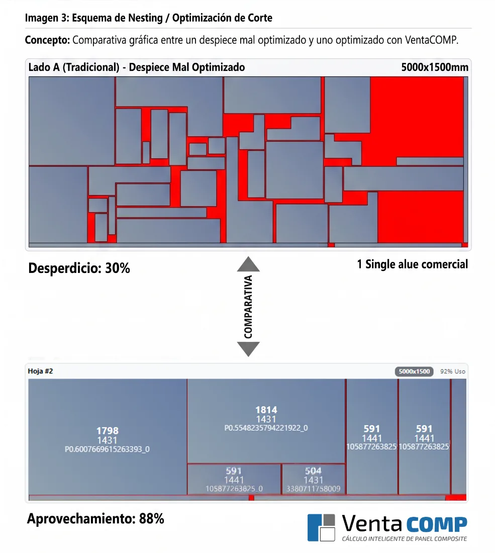 Esquema de nesting y optimización de corte de panel composite