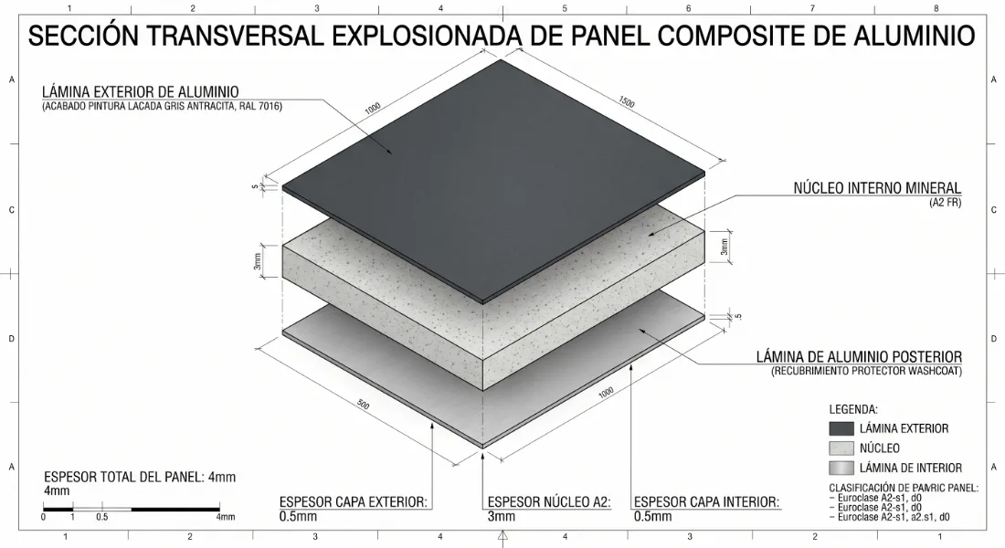 Sección transversal de panel composite de aluminio