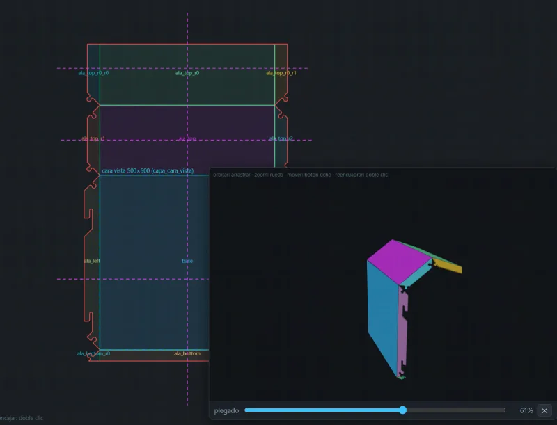 Desarrollo de una bandeja de panel composite con sus líneas de pliegue y vista 3D del plegado al 61 %