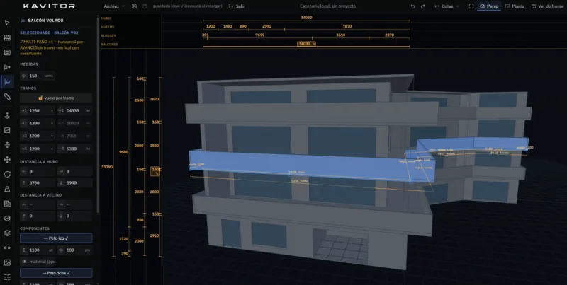 Editor 3D de Kavitor: edificio recreado con balcones volados y cotas de obra de muros, huecos y bloques