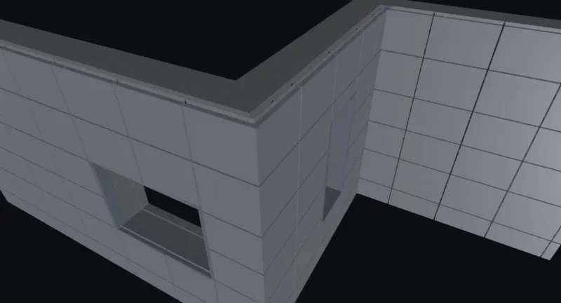 Fachada de panel composite en esquina con bandejas moduladas, remate de coronación y recercados de ventana y puerta